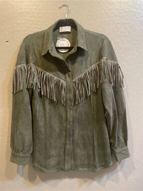Fringed Olive Green Suede Button-Front Jacket